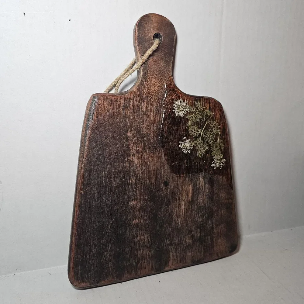Small, Dark Mango Wood Charcuterie or Serving Board Resin White Flowers Wall Art
